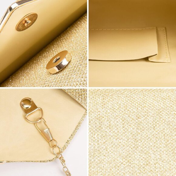 Women's Gold  Clutch Purses Sparkling Envelope Evening Bag Detachable Chain - Picture 6 of 9